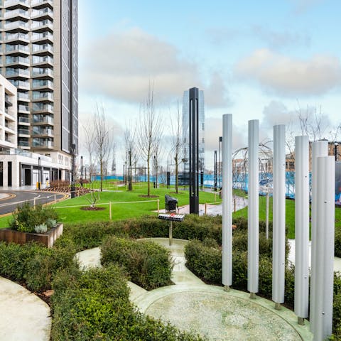 Enjoy a stroll through Harbour Quay Gardens right on the edge of the South Dock, a one-minute walk away