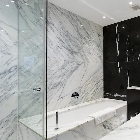 The marble clad bathrooms