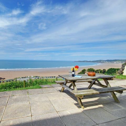 Enjoy wonderful sea views as you dine on scones on the terrace