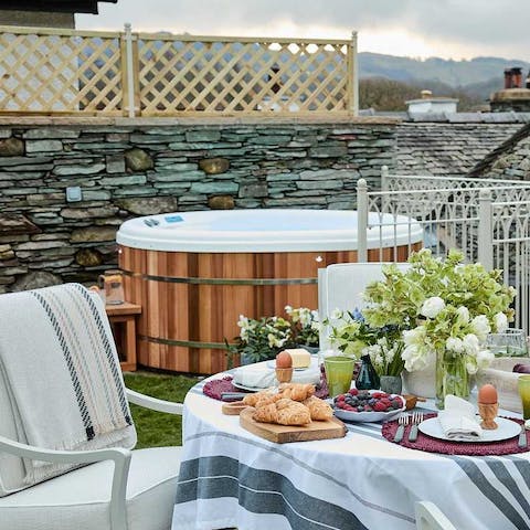 Fuel yourself for the day with breakfast in the garden, with the hot tub to soothe aching muscles in the evening