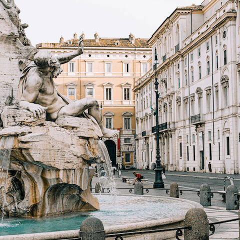 Visit beautiful piazza Navona, an eighteen-minute stroll across the River Tiber