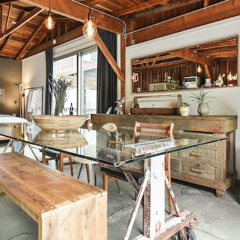 Share a meal in the rustic dining space