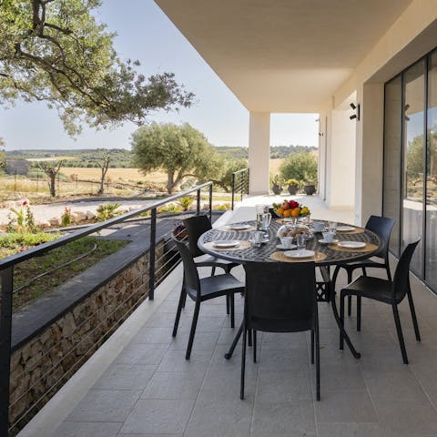 Enjoy an alfresco carbonara on the shaded terrace