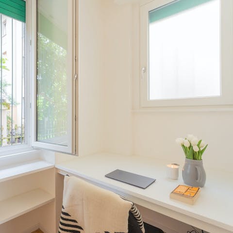 Take advantage of the desk nook in the bedroom and do some work