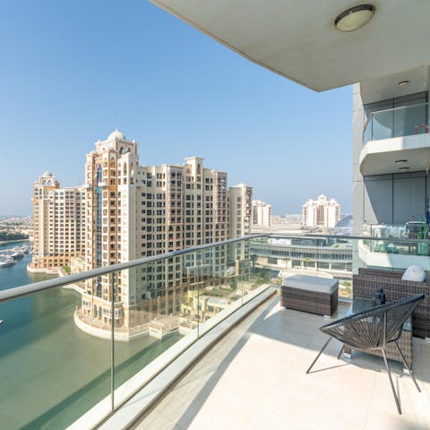 Take your morning coffee out on the glass-fronted balcony for unbeatable views of Dubai Marina