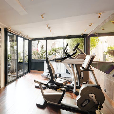Start your day with an energising workout in the shared on-site gym