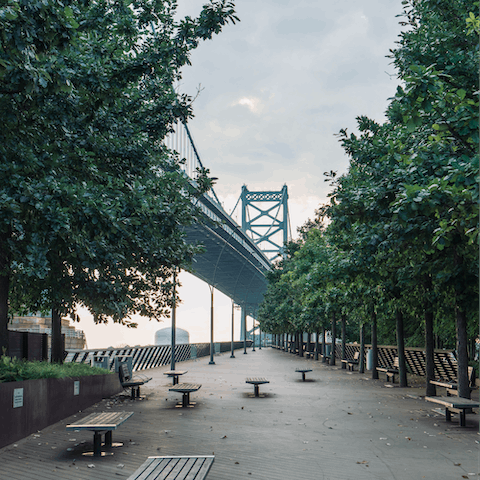 Go for morning jogs along the Delaware River, just eight minutes from your door