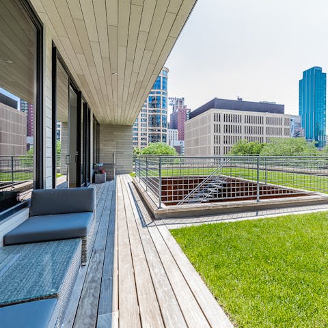Enjoy fresh air and a view from the real grass rooftop terrace