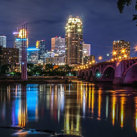 Lose yourself to twilight city views from the Mississippi River, just a nine-minute stroll away