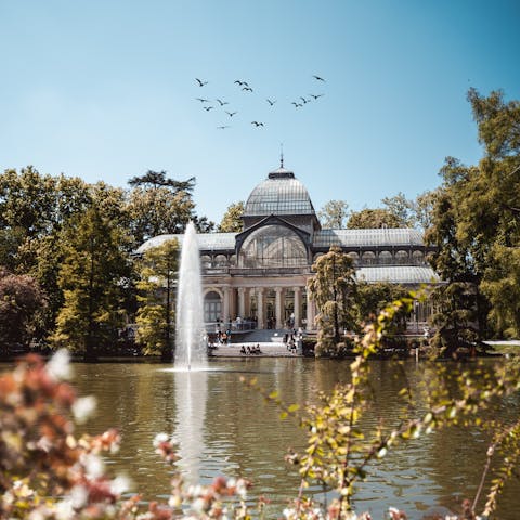 Reach El Retiro Park in twenty minutes on public transit and wander about the monuments, fountains and gardens