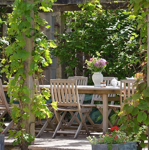 Enjoy  lunches and dinners outside under the vine-covered pergola