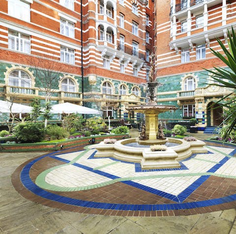 The soothing water feature in the courtyard