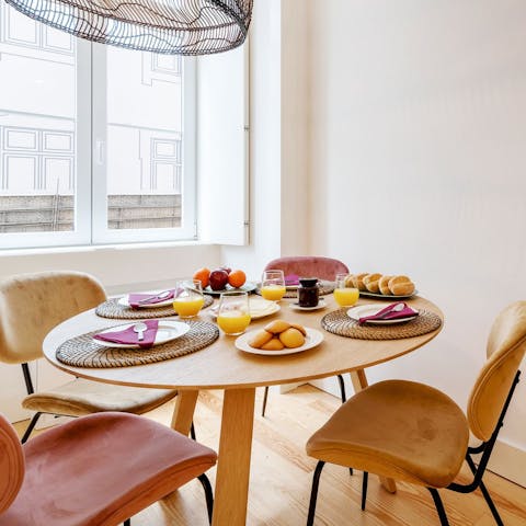 Sit down for morning coffee and pastries in the bright dining area