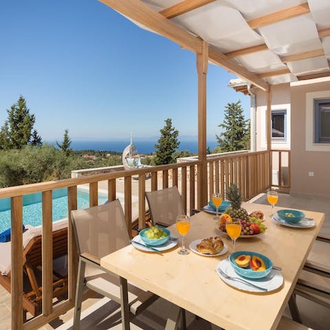 Soak up the sweeping sea views towards Paxos over a lazy brunch