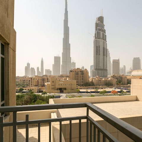 Take in views of the towering Burj Khalifa from your private balcony