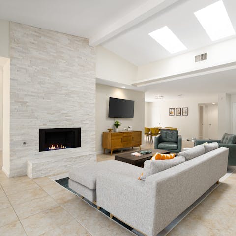 Escape the desert chill after sunset with the gas fireplace inside
