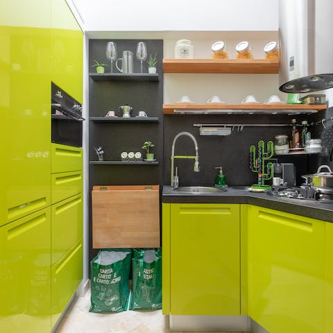 The lime-green kitchen cabinets