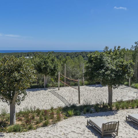 Play a game of volleyball on the sand court