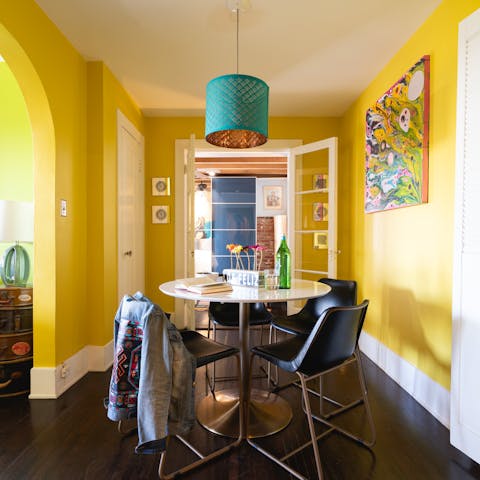 The bright yellow dining nook