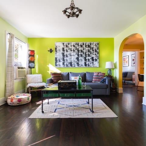 The lime green living room