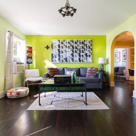 The lime green living room