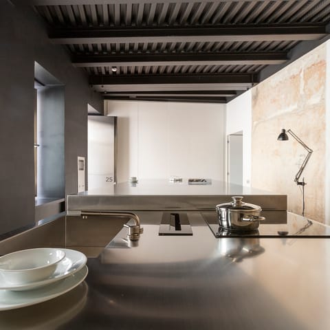 The stainless steel kitchen