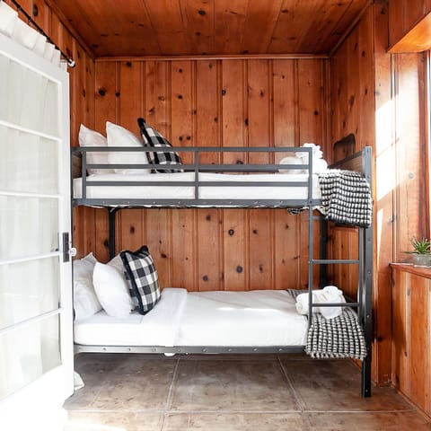 A metal bunk bed