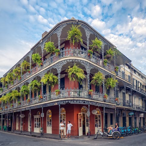Explore New Orleans' historic French Quarter, a ten-minute drive away