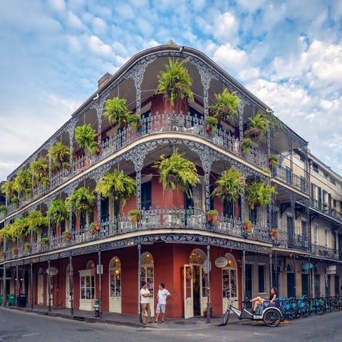 Explore New Orleans' historic French Quarter, a ten-minute drive away