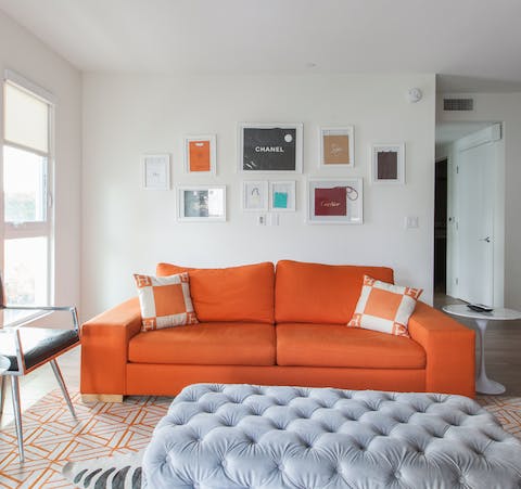 A bright orange sofa