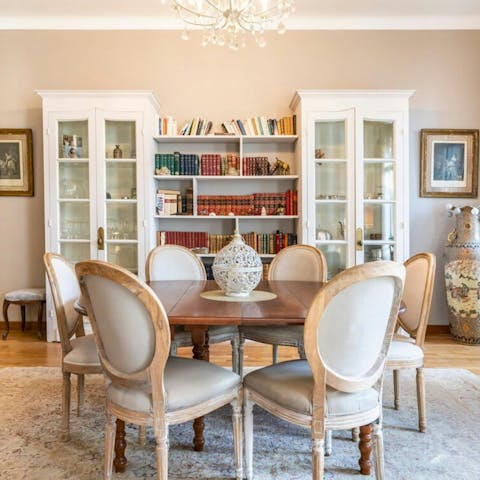 Dine under the light of the chandelier
