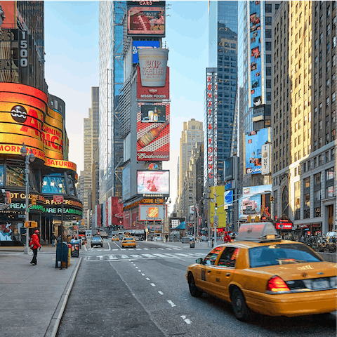 Walk to the dazzling lights of Times Square and Broadway in under ten minutes