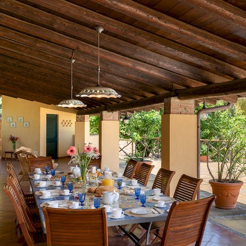 Feast on spaghetti carbonara in your alfresco shaded dining area