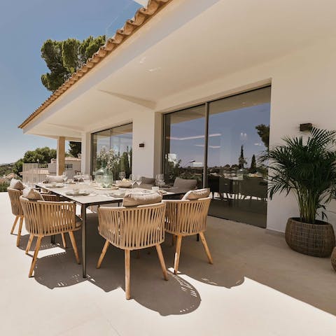 Dine alfresco altogether for social mealtimes on one of several terrace spaces