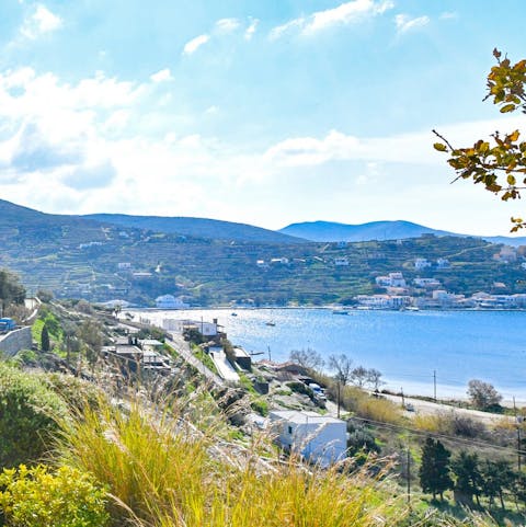 Stay in Vourkari, a quick stroll from cafes and a short drive to Kea's coast