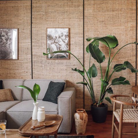 Find time to unwind in the home's jungle-themed interior