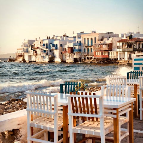 Explore the stunning island of Mykonos, with its quaint restaurants and hip nightlife