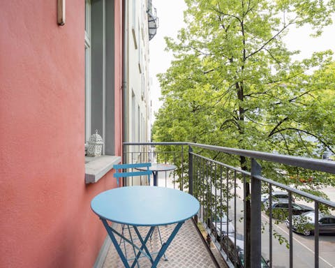 Sit on the balcony with a cup of coffee and bask in the views of Arkonaplatz across the street