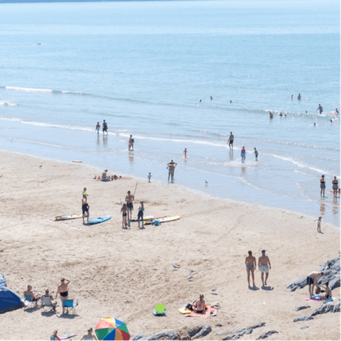 Spend sunny days surfing on Wales’s most beautiful beach – Hells Mouth is less than a ten-minute drive away