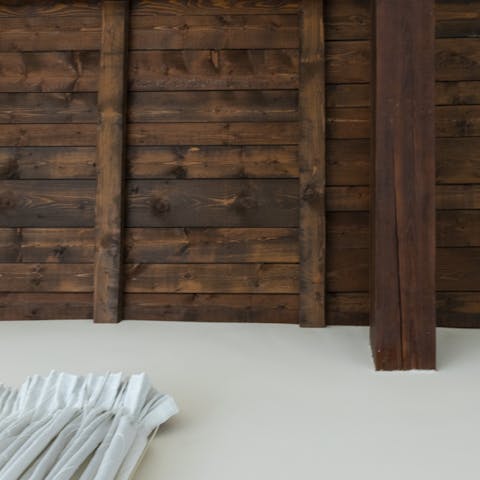 Exposed wooden ceiling beams