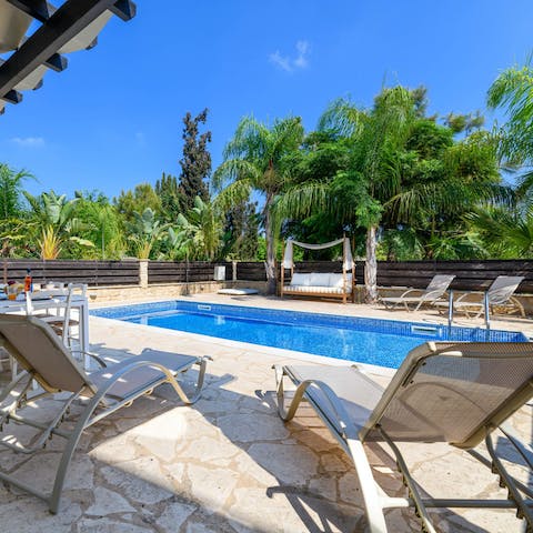 Relax on the sun loungers by the pool or go for a dip to cool off from the hot Cyprus sun