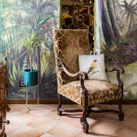 Relax with a good book in the beautiful brocade armchair