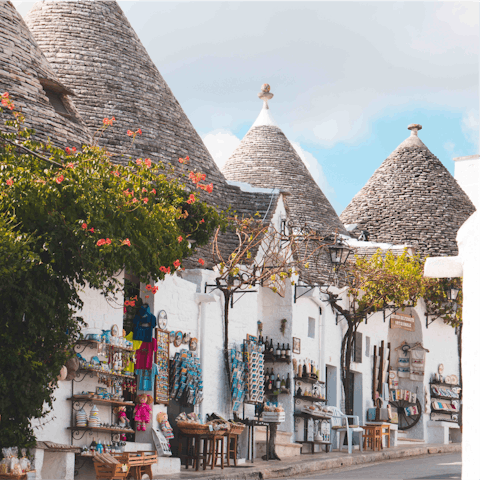 Visit the UNESCO World Heritage site of Alberobello, a thirty-minute drive away