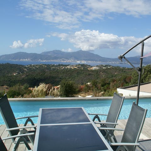 Enjoy some zuppa corsa at your outdoor dining table and take in the vistas of the bay of Ajaccio  