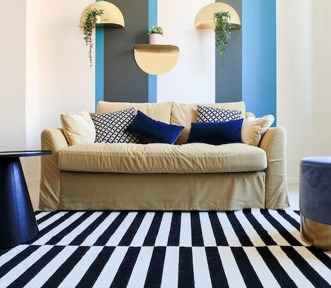 The black-and-white striped rug