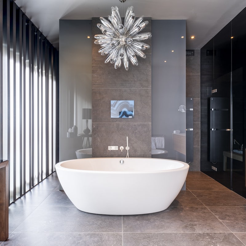 Slip into the freestanding bath for a long soak after a busy day