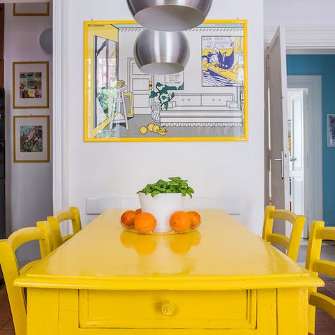 Enjoy fun-filled family meals at the bright yellow dining table