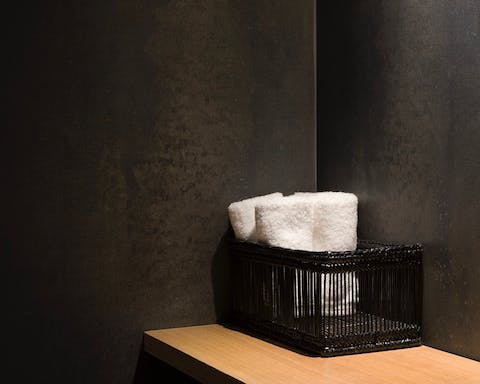 The sleek black bathroom