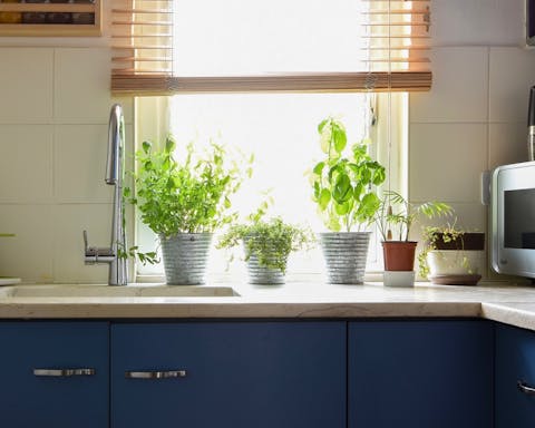 The chic mix of blue and marble in the kitchen