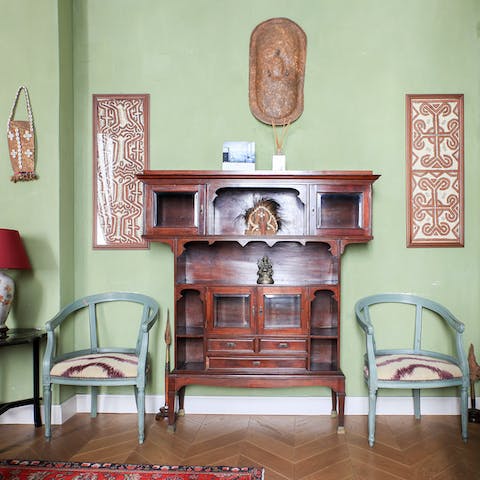 Admire the antique furniture and eclectic details